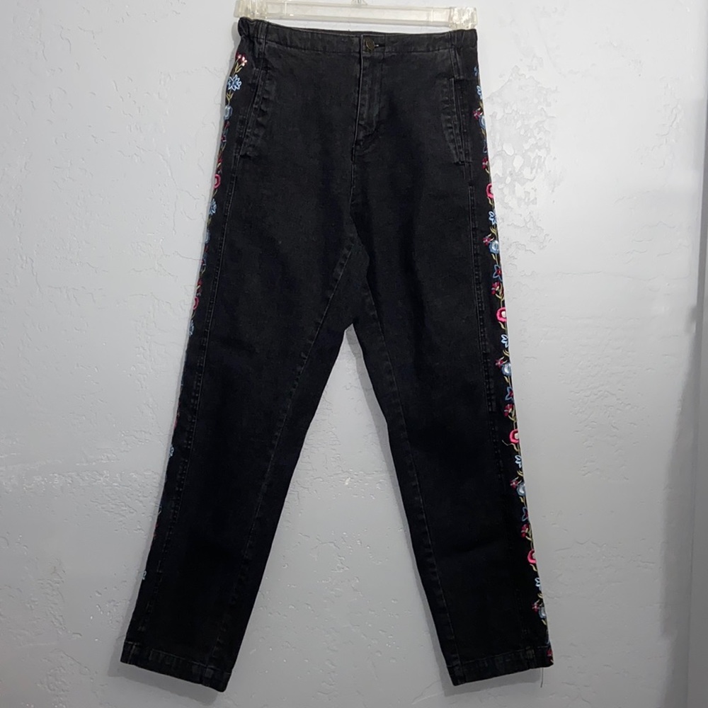 Vintage Denim & Co Embroidered High Rise Zipper Elastic Waist Black Jeans Sz XS